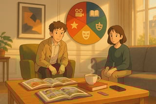 Lecteur feuilletant des bandes dessinees sur une table, avec une grande roue de selection coloree en arriere-plan occupant environ un tiers de l’image.