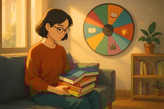 Leitora numa sala portuguesa segura novelas graficas populares; ao fundo, uma roda colorida sugere a proxima escolha de leitura.