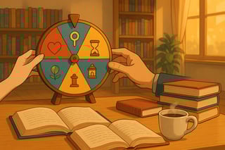 Una mesa con libros abiertos y una ruleta de colores al fondo invita a elegir lecturas adictivas para volver a leer con ilusión y juego.