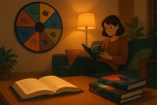 Lezer bladert tussen graphic novels terwijl een kleurrijk spinner wheel op de achtergrond een keuze voor de volgende titel suggereert.