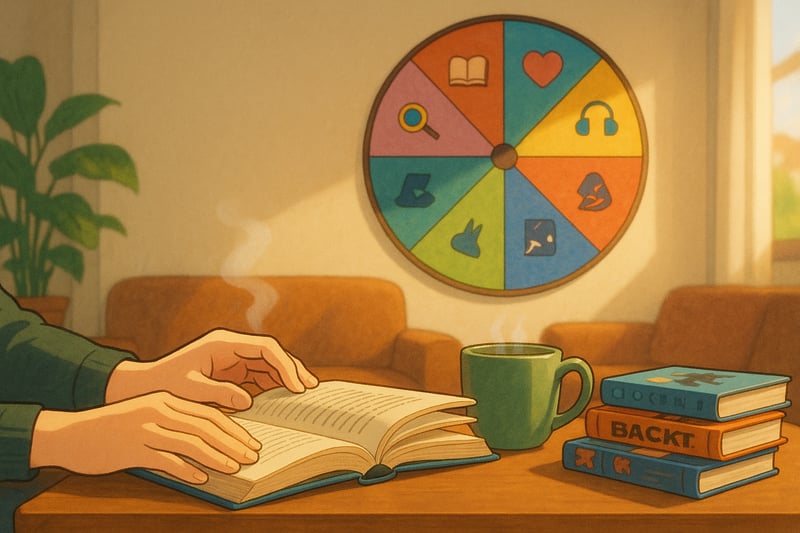 Un lecteur en salon feuilletant un roman, avec une roue colorée au mur et une pile de livres qui suggère des choix de lecture variés.
