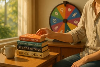 Australian reader reaching for a book in a sunlit room while a colourful spinner wheel sits nearby, hinting at random book picks.