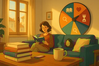 Pessoa em sala luminosa com pilha de livros e roda colorida ao fundo, sugerindo escolhas para retomar a leitura com leveza e motivação.