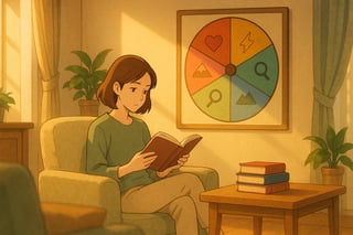 Lettrice in salotto italiano con pila di libri e ruota colorata sullo sfondo che suggerisce titoli per riprendere l’abitudine alla lettura.