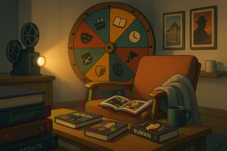 Eine gemütliche Leseecke mit Graphic Novels und einem farbigen Glücksrad im Hintergrund, das Lesetitel nach Stimmung und Zeitbudget auswählt.