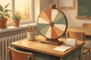A painterly scene in warm afternoon light: a wooden spinning wheel on a classroom desk beside blank name cards and a mug of pencils.