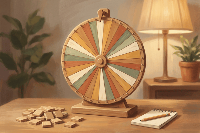 A painterly scene in warm lamplight: a wooden spinning wheel with many thin segments on a living-room table beside blank wooden tiles.