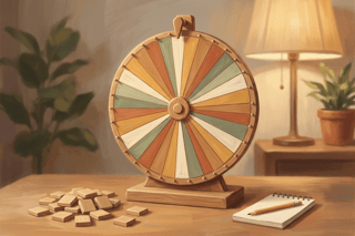 A painterly scene in warm lamplight: a wooden spinning wheel with many thin segments on a living-room table beside blank wooden tiles.