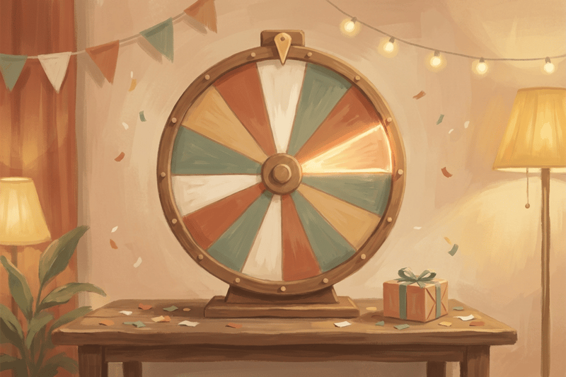 A painterly scene of a wooden spinning wheel on a table at a warmly lit celebration, with a wrapped gift, confetti and paper bunting.