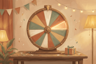 A painterly scene of a wooden spinning wheel on a table at a warmly lit celebration, with a wrapped gift, confetti and paper bunting.