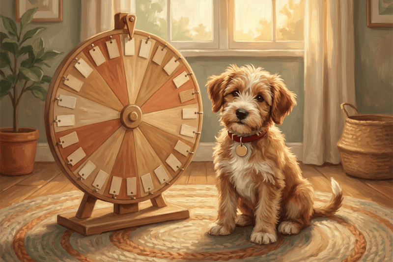 A painterly scene in golden afternoon light: a scruffy puppy sitting on a rug beside a wooden spinning wheel hung with blank name tags.