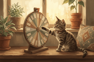 A painterly scene in golden afternoon light: a tabby kitten on a windowsill reaching toward a wooden spinning wheel hung with blank name tags.