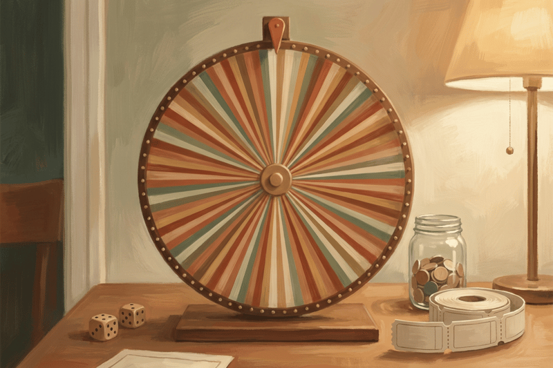 A painterly scene of a wooden spinning wheel with a hundred thin segments on a game-night table, beside dice, counters and a roll of tickets.