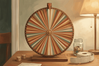 A painterly scene of a wooden spinning wheel with a hundred thin segments on a game-night table, beside dice, counters and a roll of tickets.