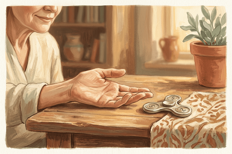 Monochrome tekening van een kleine spinner naast een open hand; een zachte glimlach suggereert dat willekeur de lat verlaagt en oefenen veilig maakt.