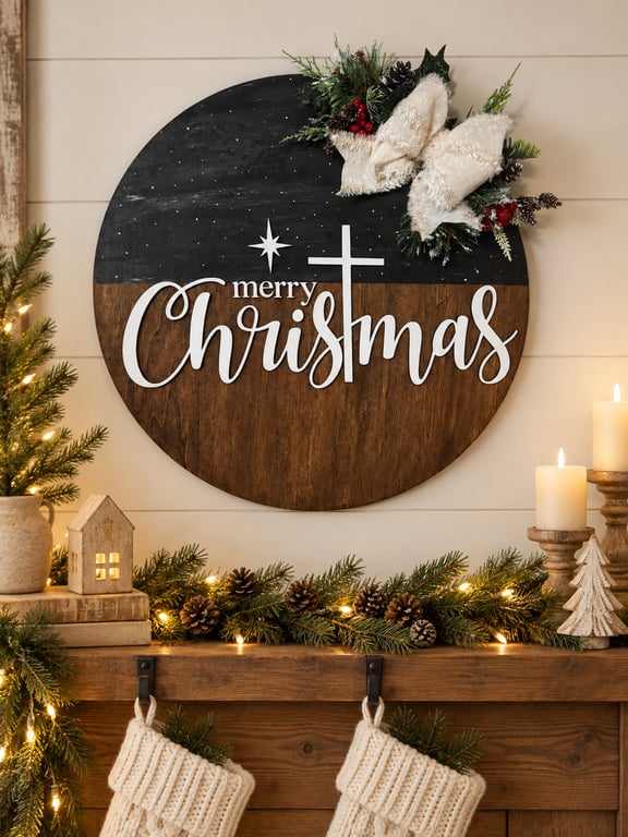 Merry Christmas Star & Cross Wood Sign