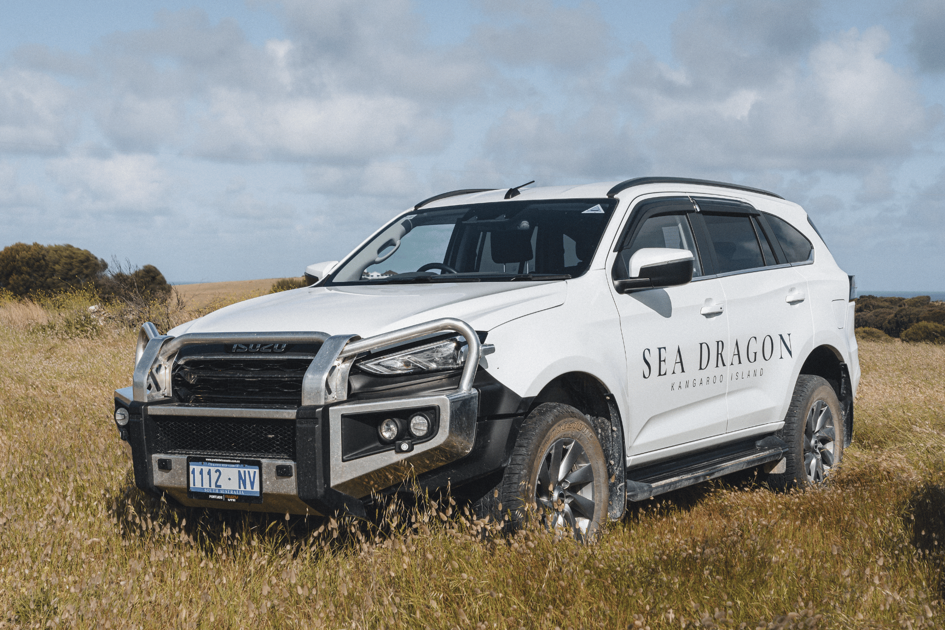 Sea Dragon's private vehicle on Kangaroo Island, perfect for personalized tours and convenient travel across scenic landscapes. The vehicle is comfortably designed, allowing guests to explore the island's natural beauty, wildlife, and secluded beaches in a relaxed, intimate setting.