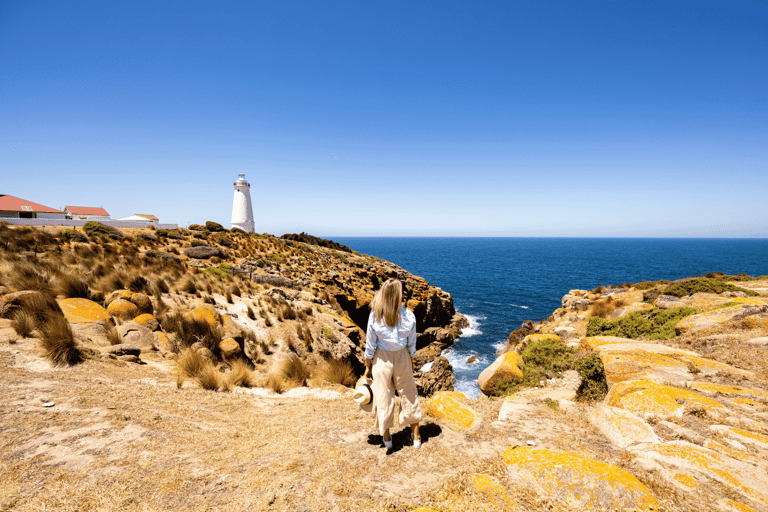 A woman gazes at the iconic lighthouse on Kangaroo Island, surrounded by breathtaking coastal scenery. This picturesque view captures the essence of exploration and tranquility at Sea Dragon Lodge.