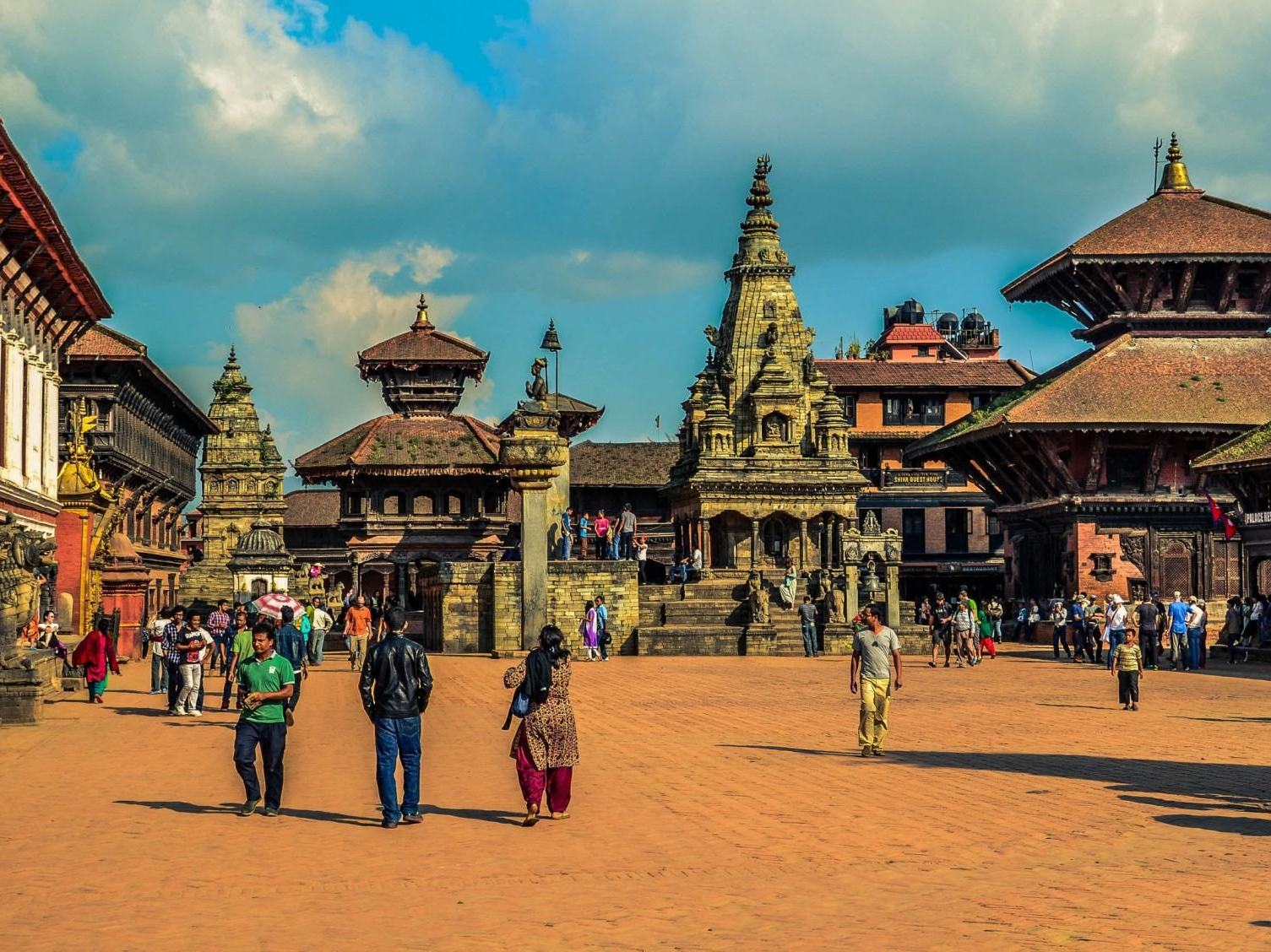 Pagoda temples of Bhaktapur Durbar Square under a blue sky, Bhaktapur, Nepal