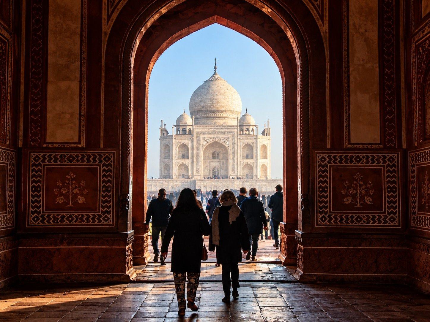 The Taj Mahal through the Great Gate at sunrise