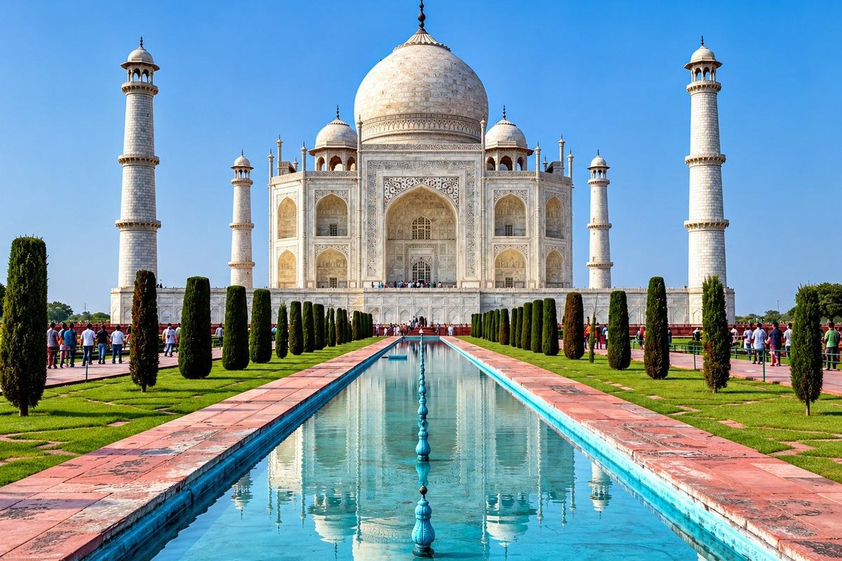 The Taj Mahal from the reflecting pool, Agra, India