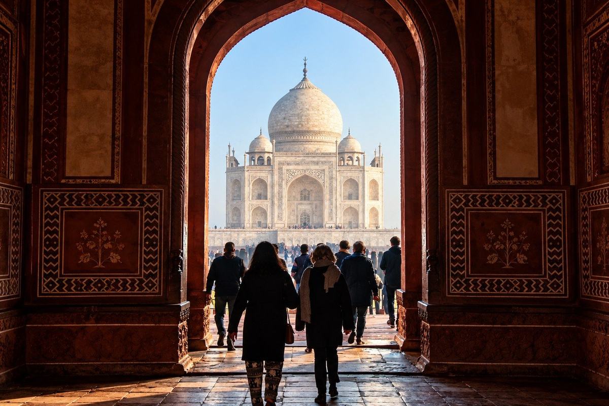 The Taj Mahal seen through the Great Gate, Agra, India