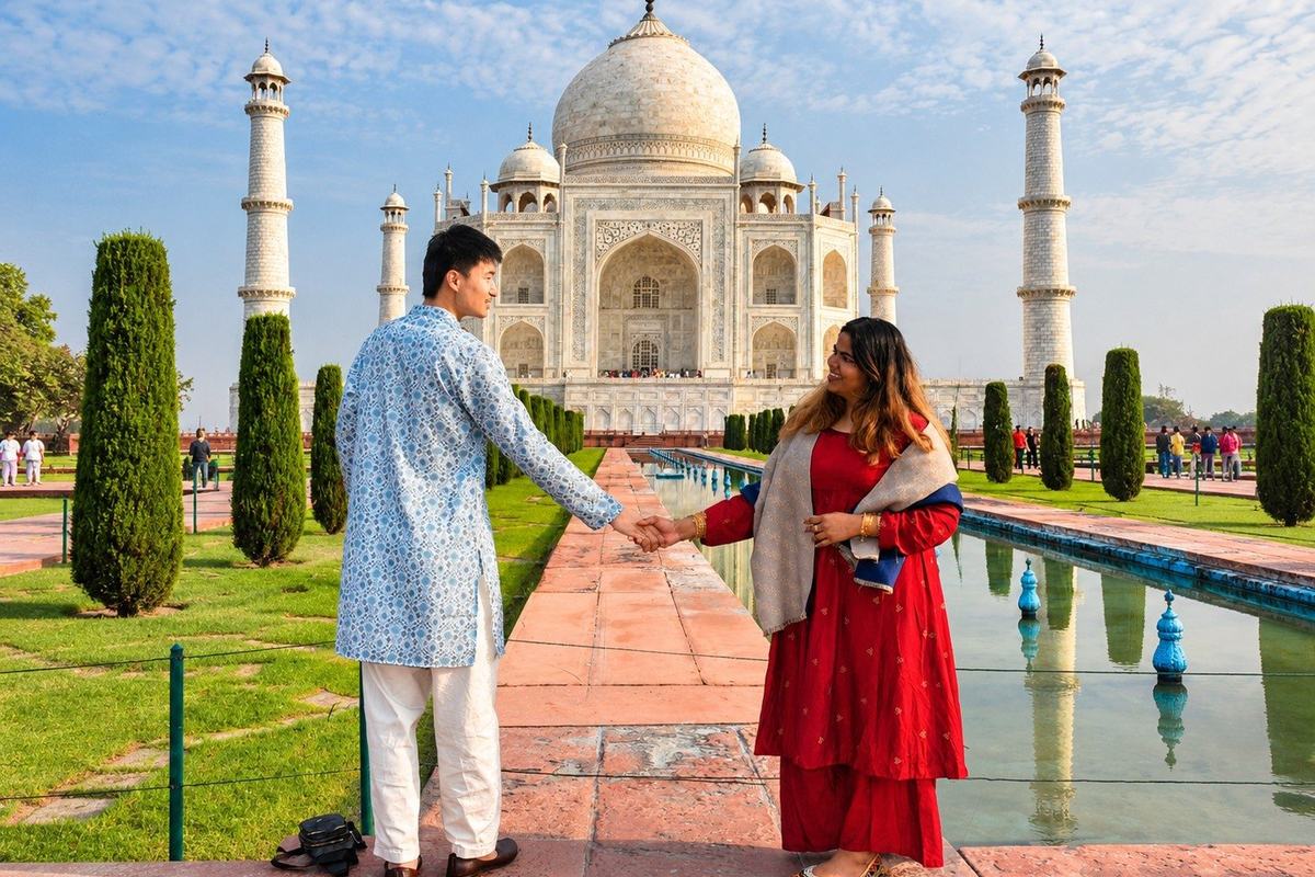 Travellers at the Taj Mahal reflecting pool, Agra, India