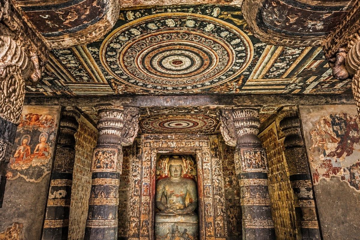 Painted ceiling above the Buddha