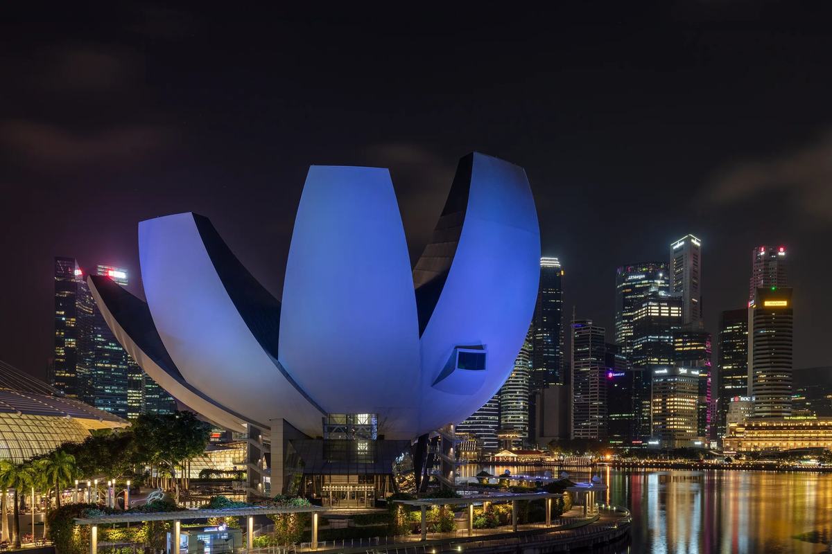 The lotus-shaped ArtScience Museum lit up at night, with the Marina Bay skyline behind, Singapore