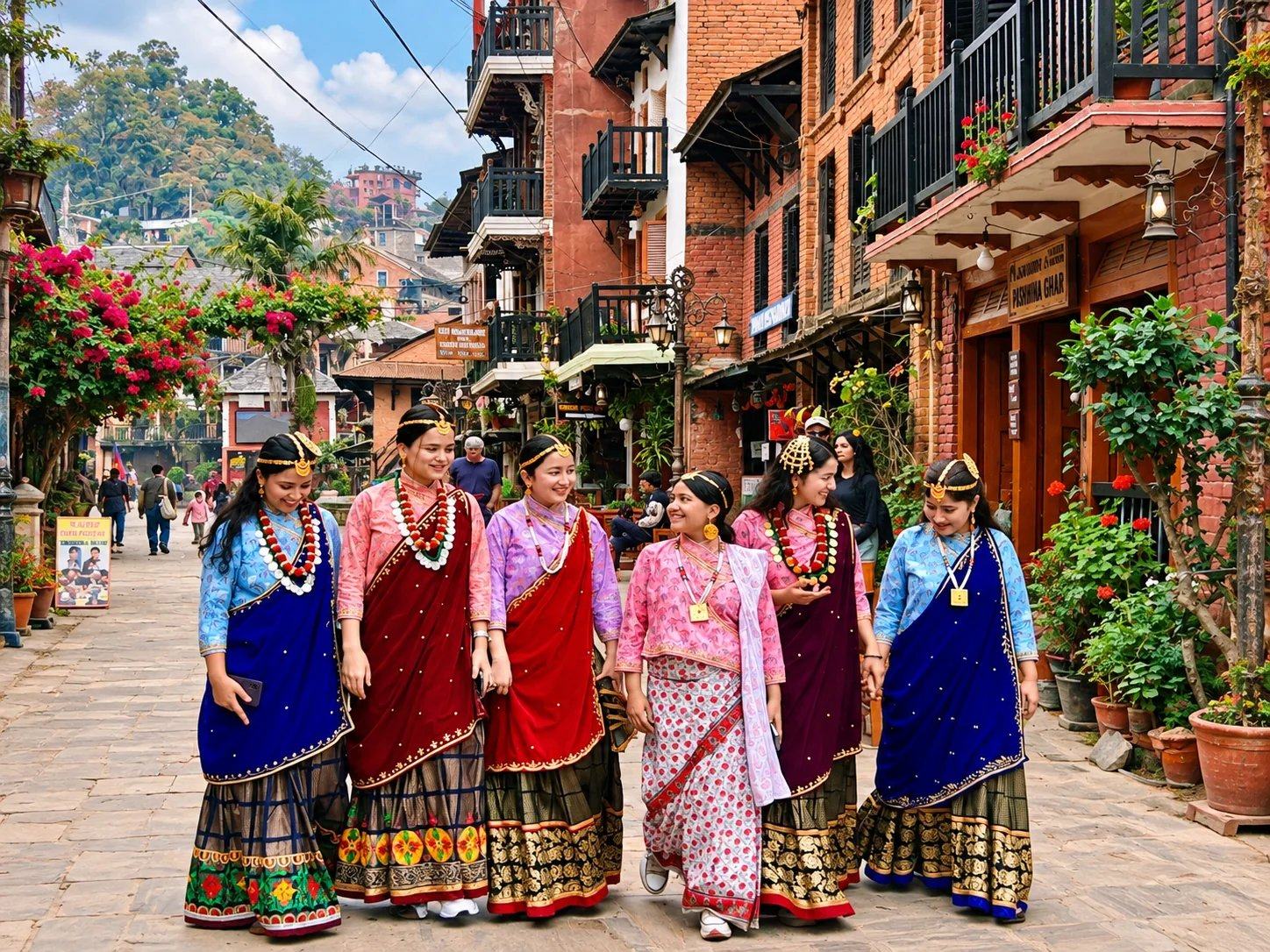 Women in traditional Nepali dress walking down the paved bazaar of Bandipur, Nepal