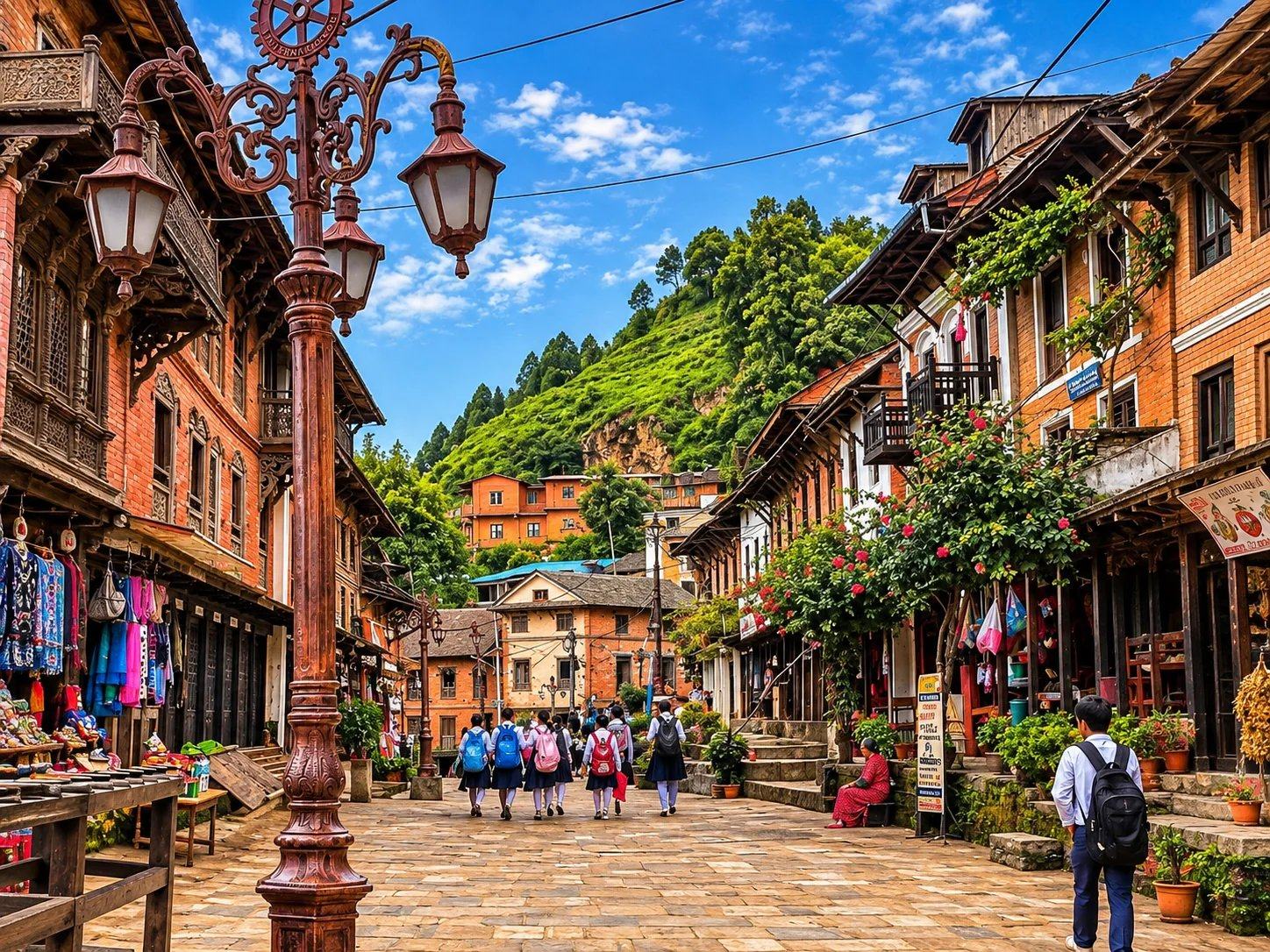 The paved historic bazaar of Bandipur with Newari houses and a lamp post below green hills, Nepal
