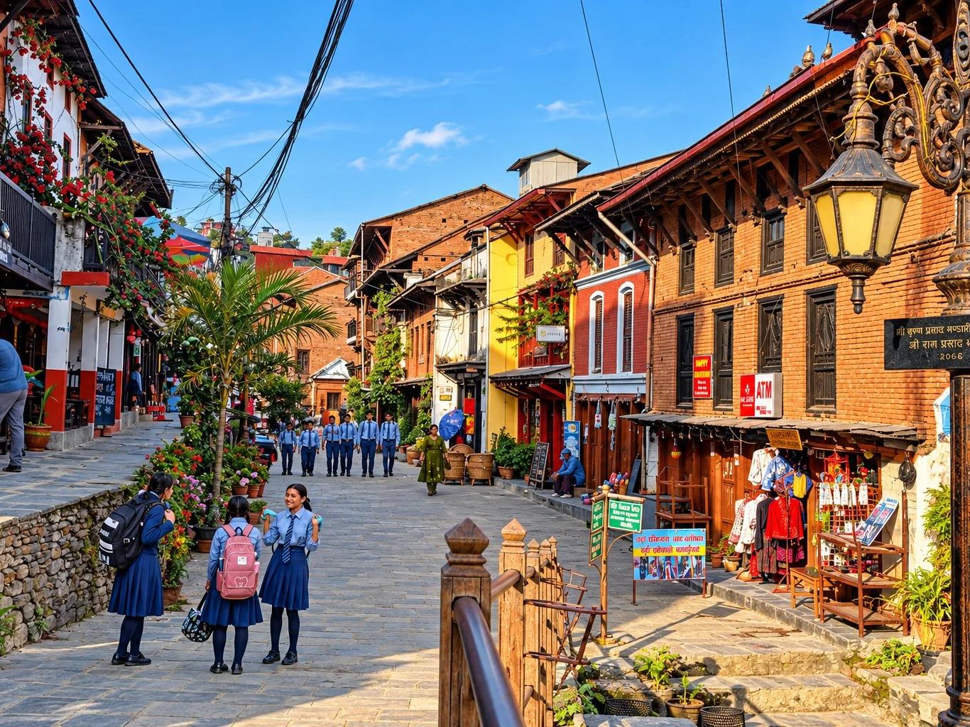 Schoolchildren and shops along the historic bazaar street of Bandipur, Nepal