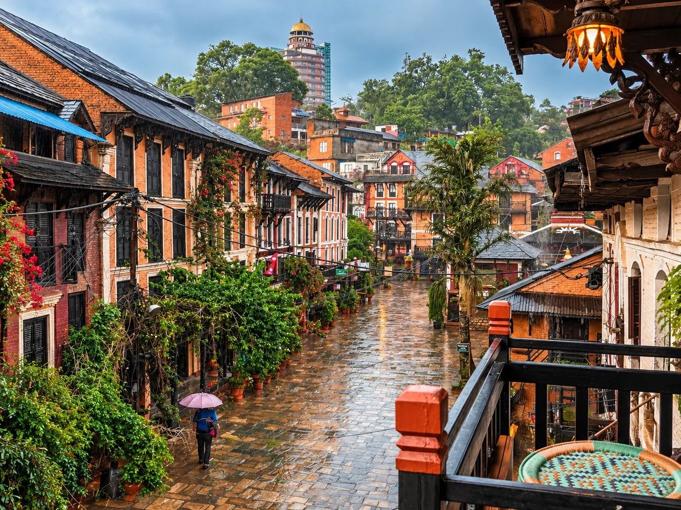 The rain-wet paved bazaar of Bandipur, lined with Newari houses and balconies, Nepal