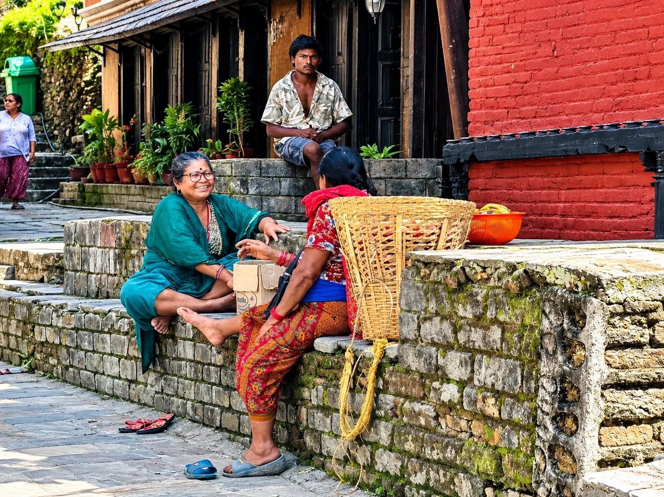 Two women talking on the stone steps of an old alley in Bandipur, Nepal