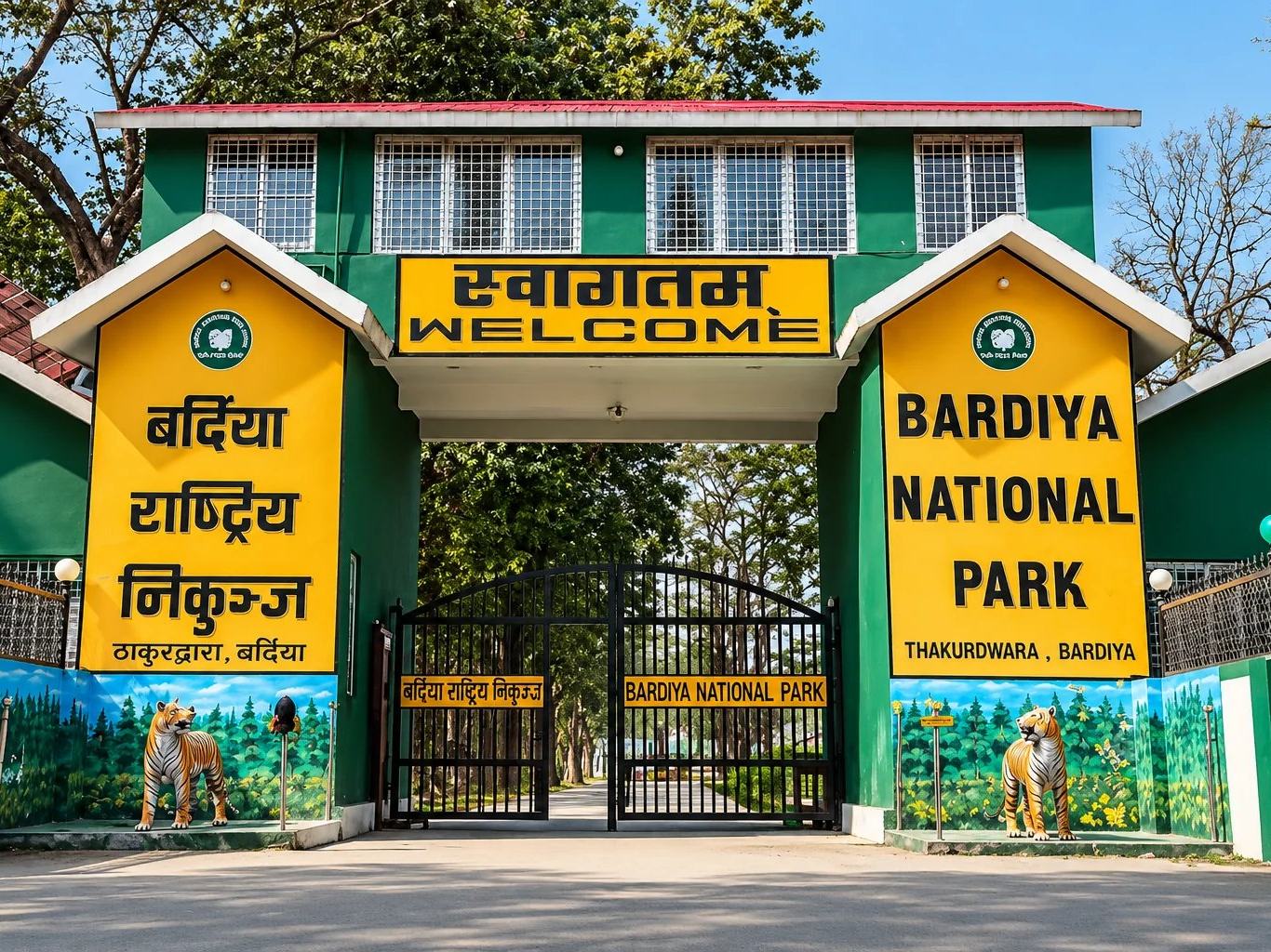 The Bardiya National Park entrance gate at Thakurdwara, with yellow welcome signs in Nepali and English and painted tiger murals