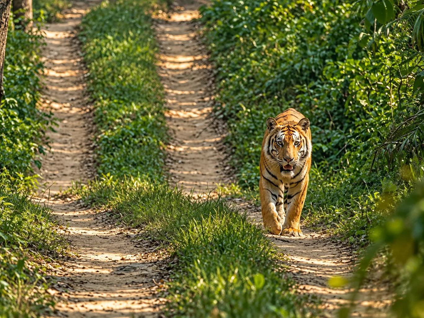 A Bengal tiger walking towards the camera on a sunlit woodland trail, Chitwan National Park, Nepal