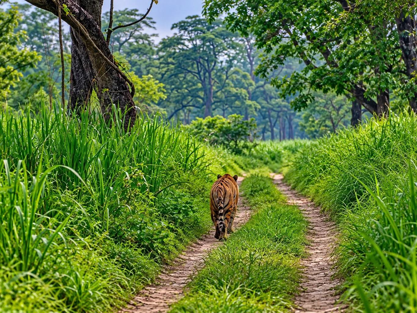 A Bengal tiger walking along a grassy forest trail, Chitwan National Park, Nepal