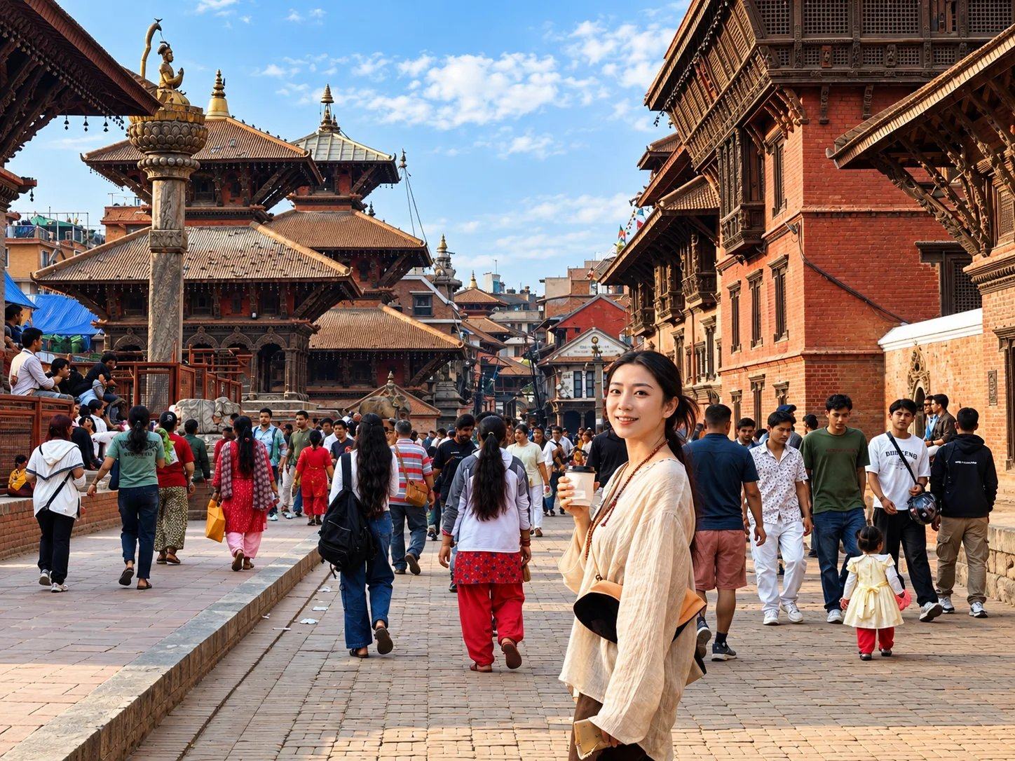A traveller walking through the temples and crowds of Bhaktapur Durbar Square, Nepal