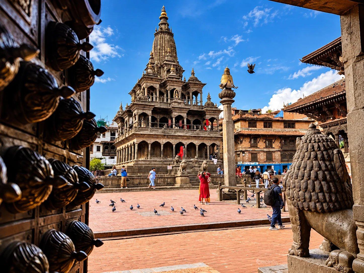 A stone shikhara temple and pigeon-filled square framed by a carved doorway, Kathmandu Valley, Nepal