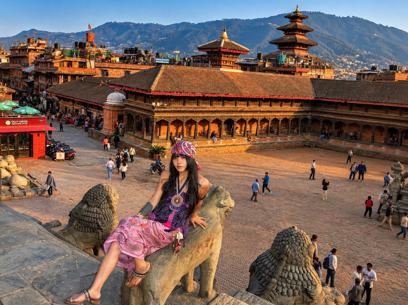 A traveller seated by stone lions above Bhaktapur Durbar Square at golden hour, Nepal