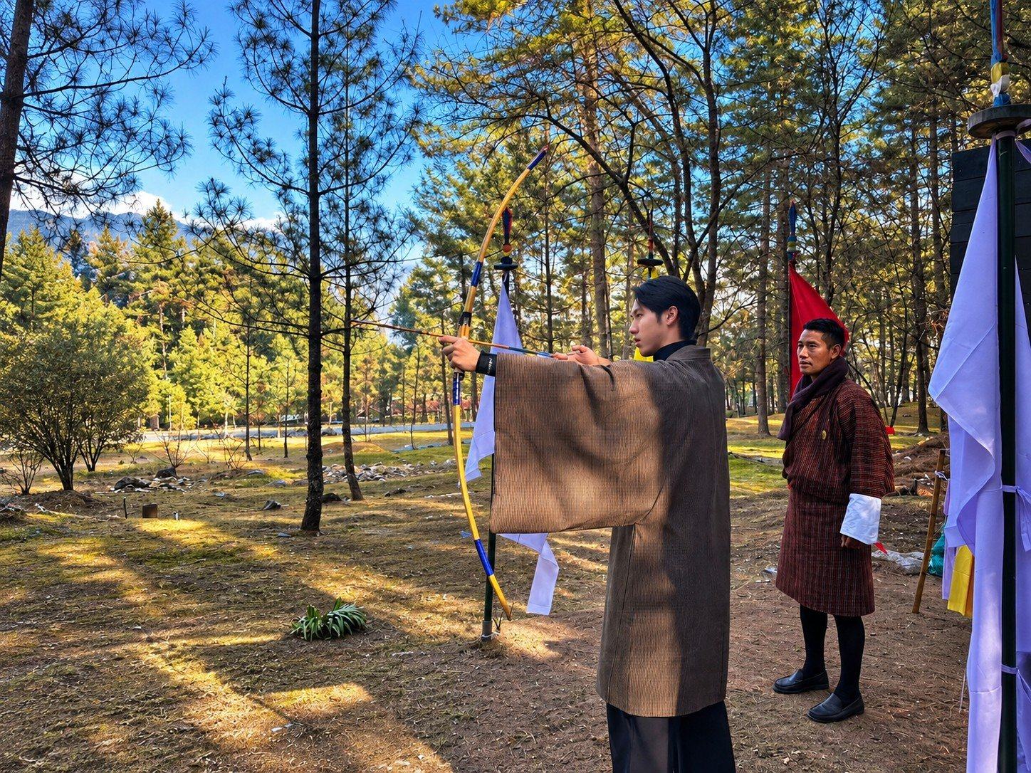 Archers in traditional gho at an archery ground, Bhutan's national sport