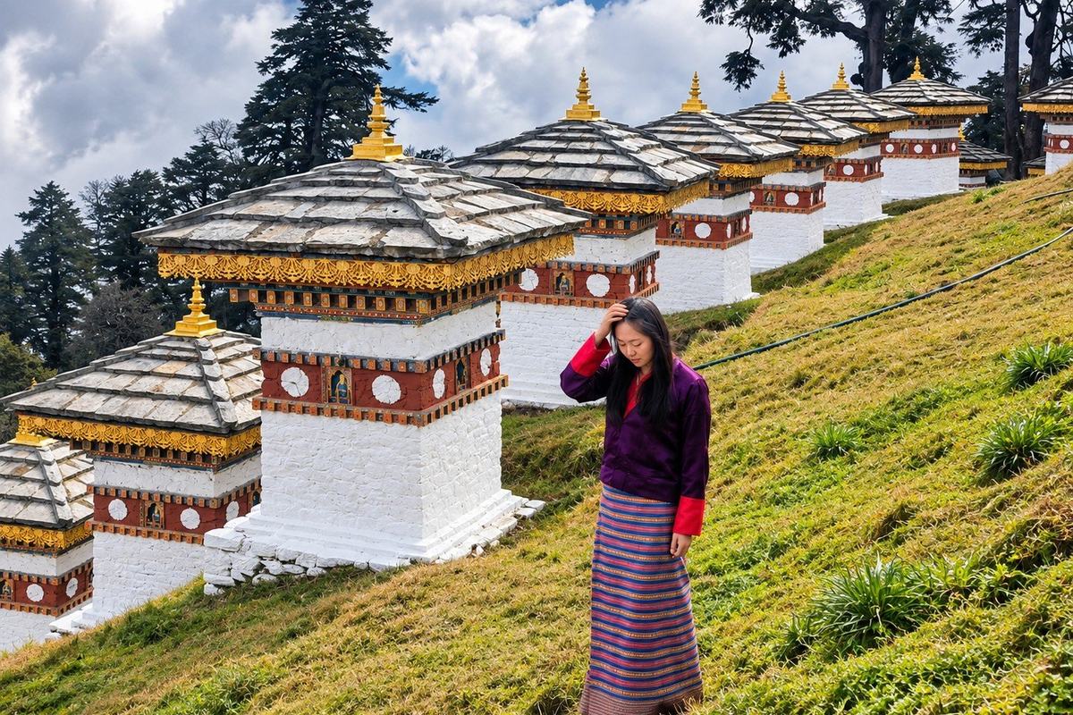 Traveller in a Bhutanese kira among the 108 chortens at Dochula Pass, Bhutan