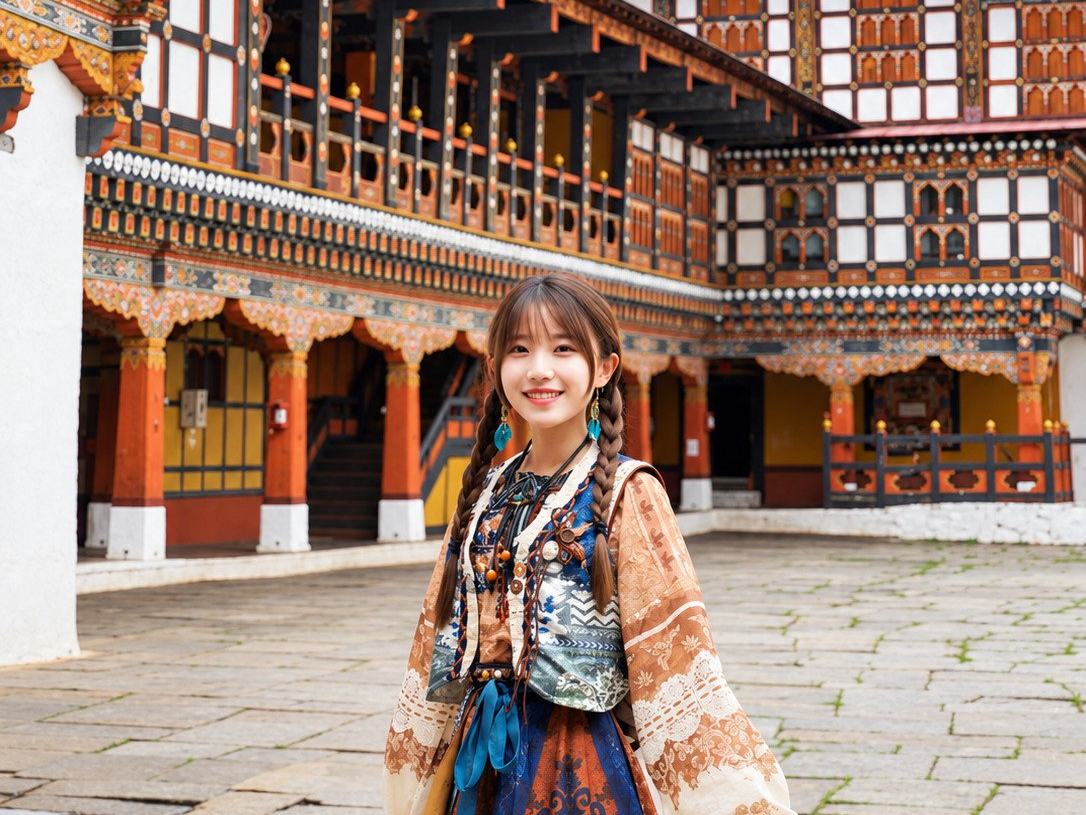 A woman in patterned traditional dress in the flagstone courtyard of a Bhutanese dzong, its painted timber galleries and gilded roof behind her