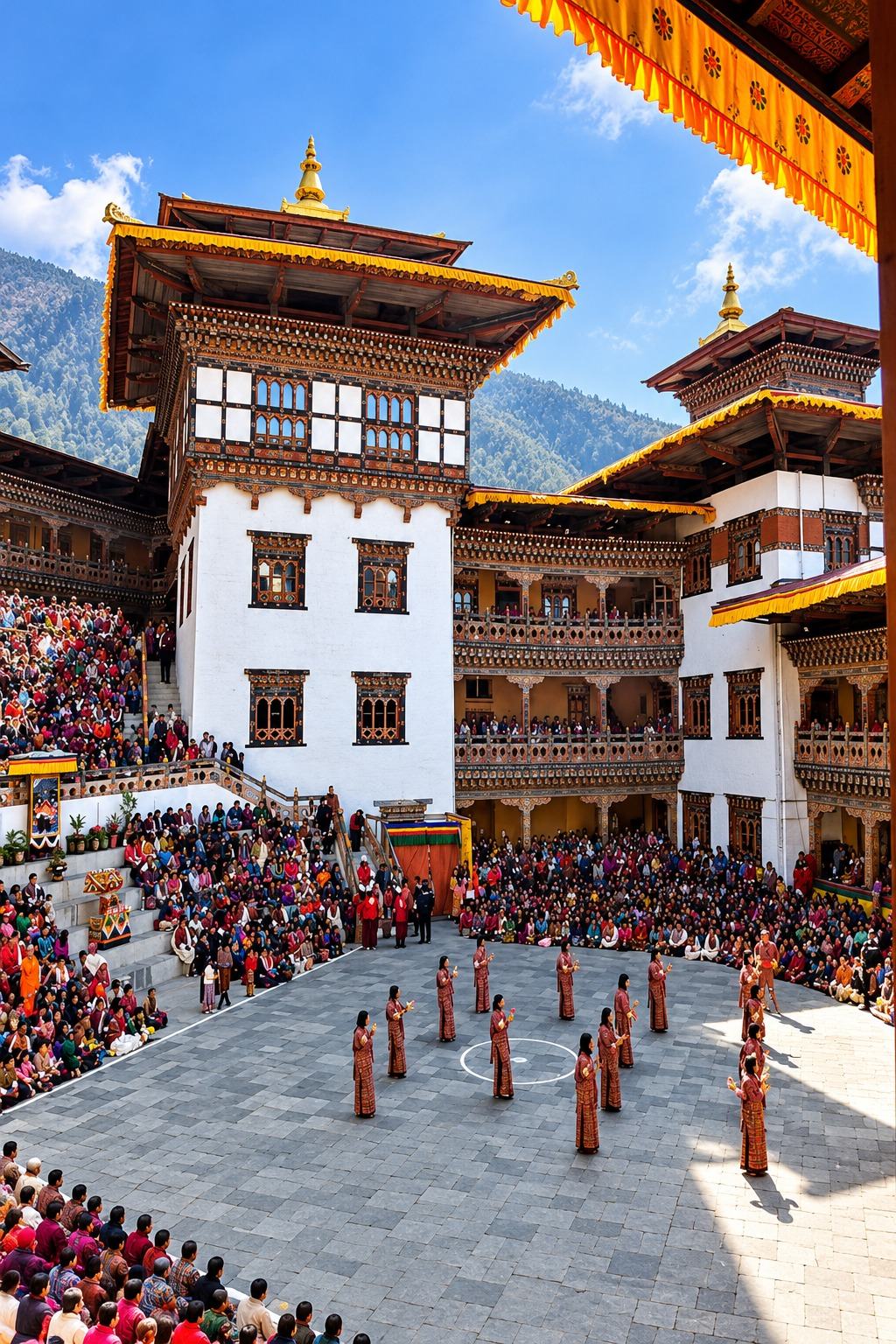 A dzong courtyard ringed by spectators in national dress as a line of dancers performs at a tshechu in Bhutan