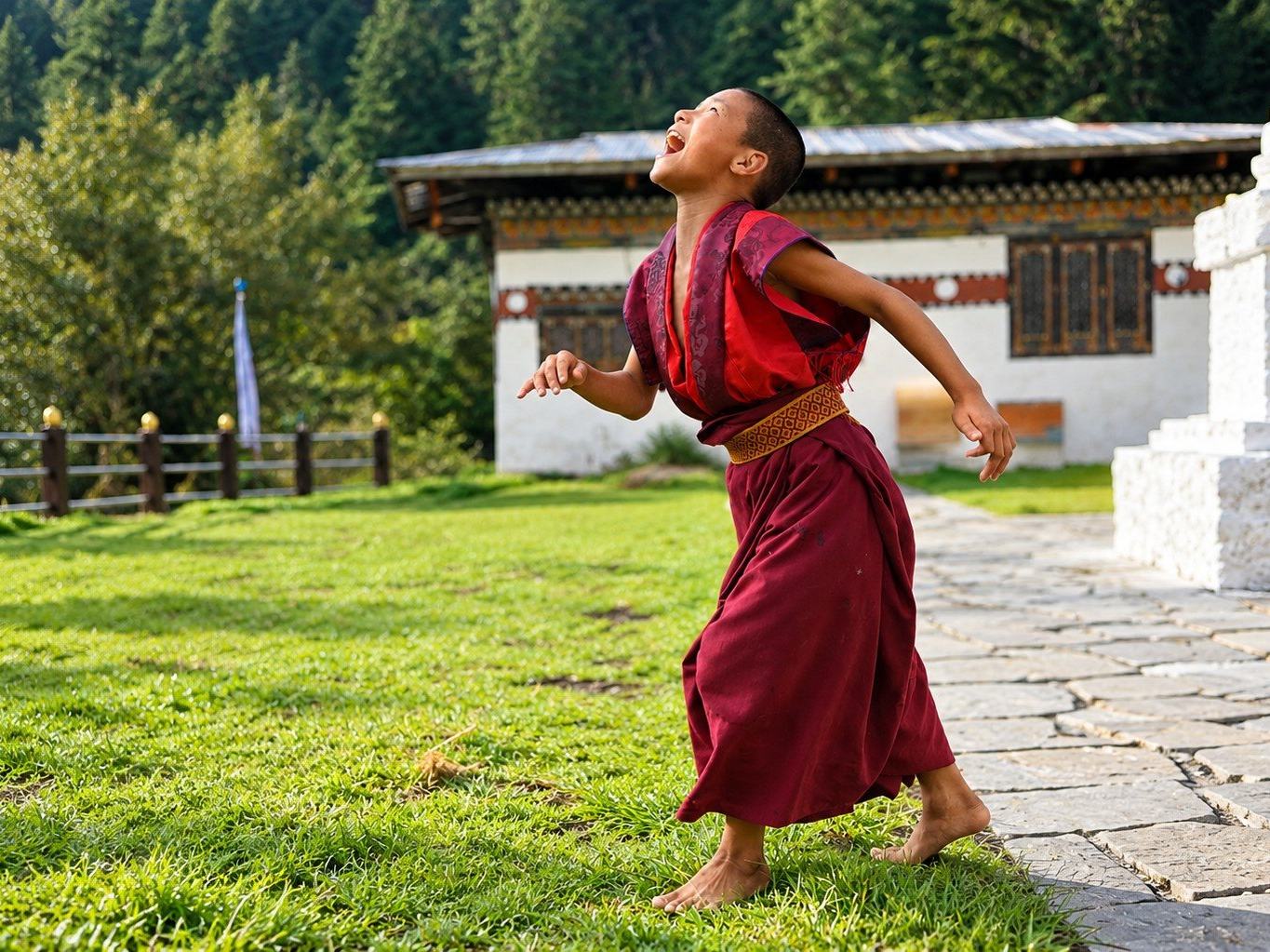 A young monk at play beside a chorten