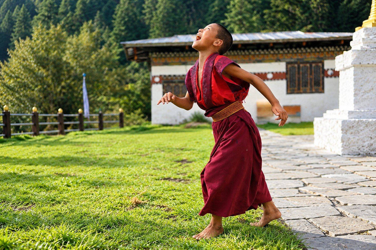 A young novice monk in maroon robes laughing on the grass beside a white chorten in Bhutan