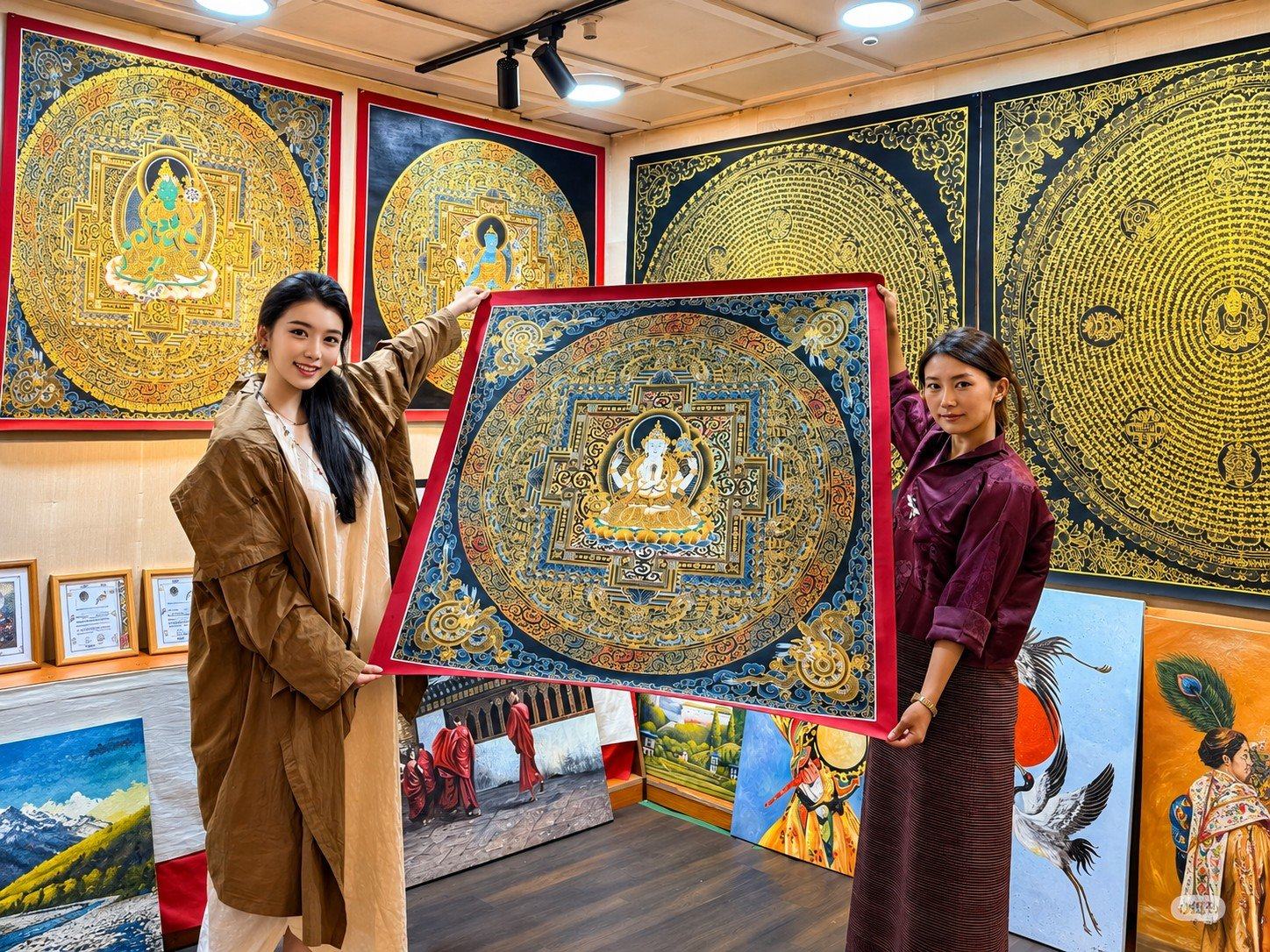A hand-painted thangka in a Paro gallery