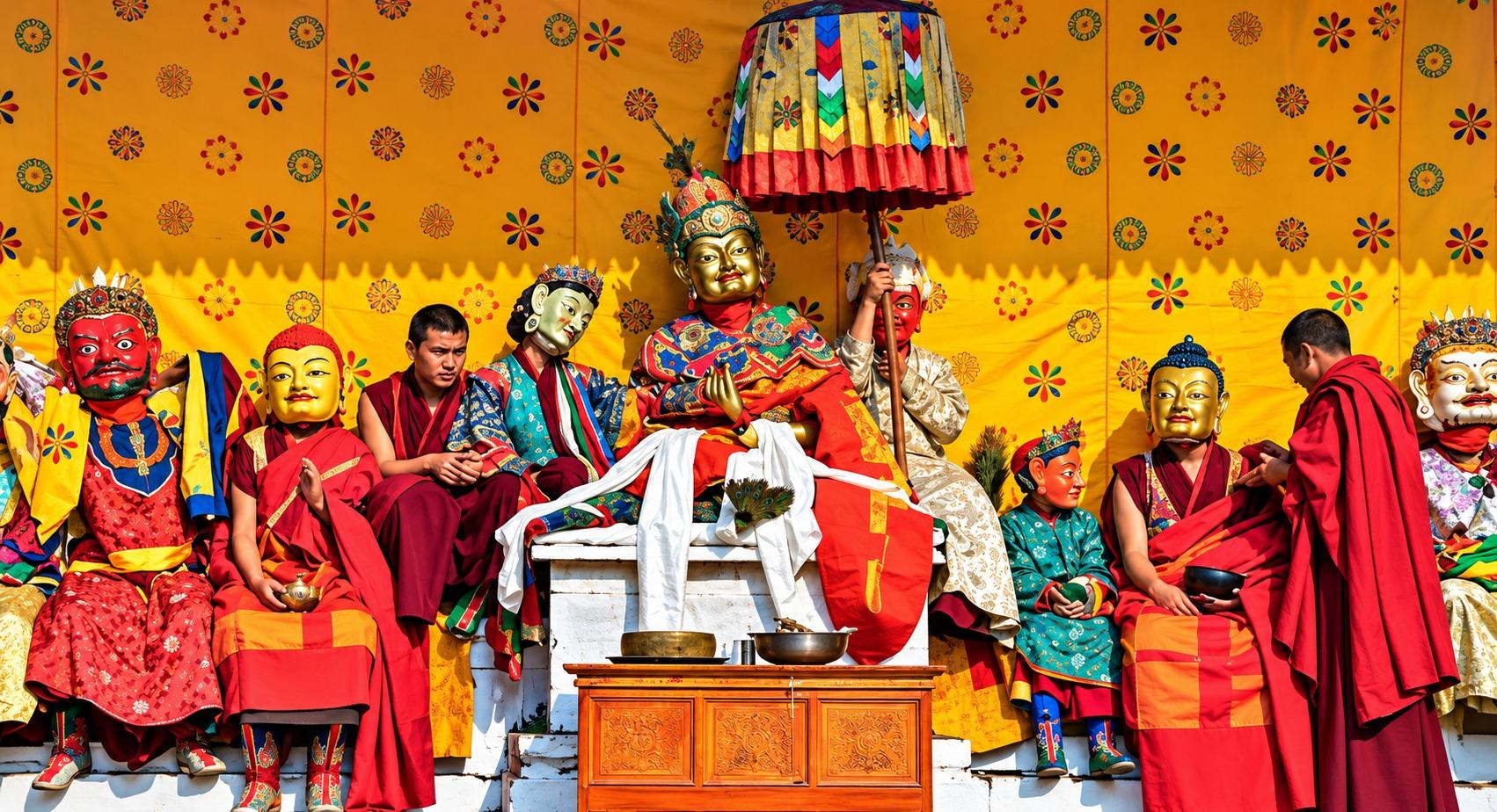 Guru Rinpoche and his manifestations at a tshechu