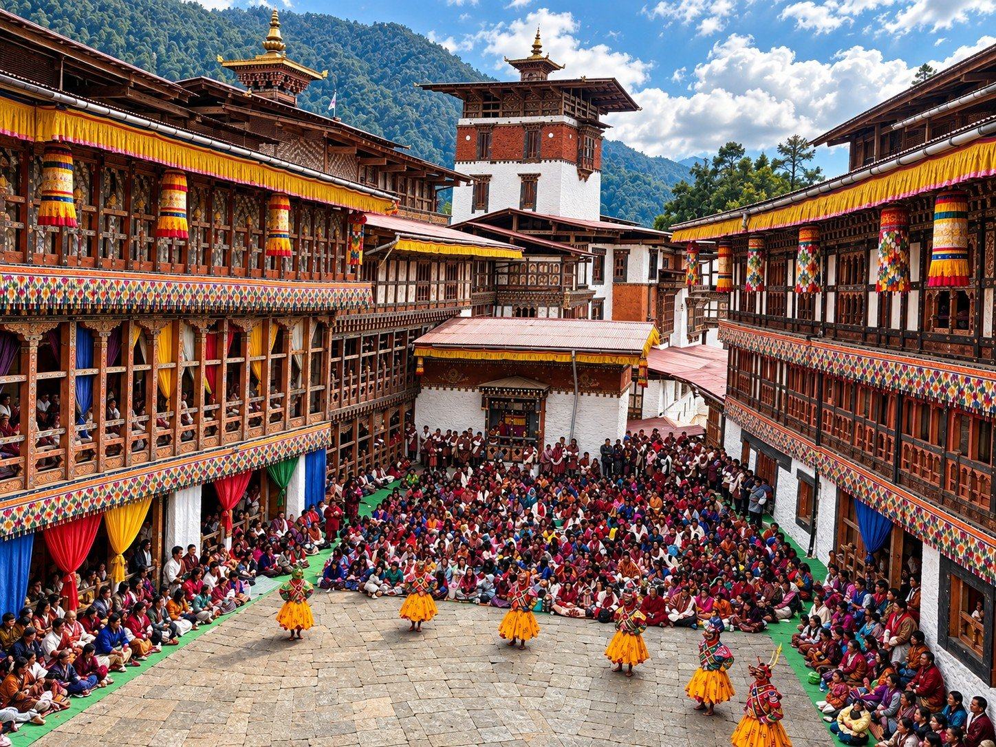 Masked dancers fill a dzong courtyard during a tshechu, one of Bhutan's temple festivals.