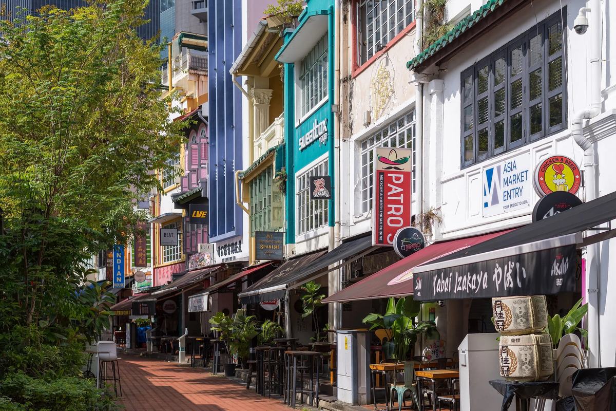 Restaurant terraces along the brick promenade of Boat Quay, Singapore